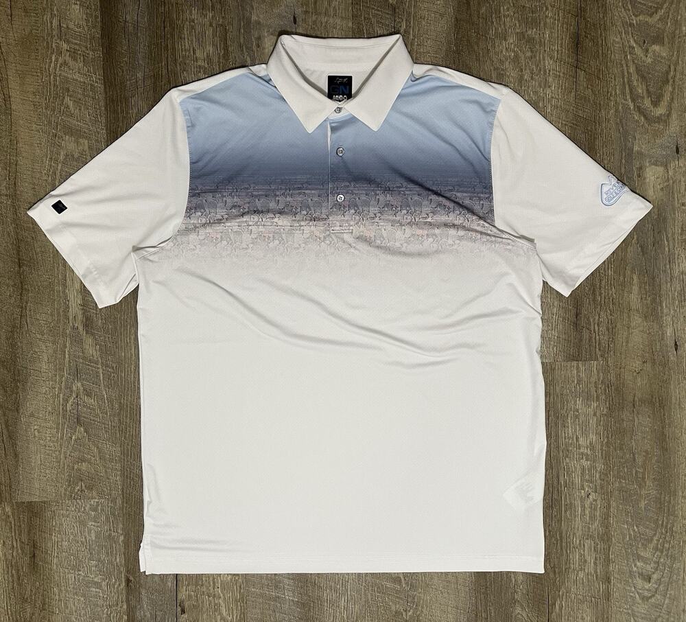 GREG NORMAN Polo Shirt Size L Graphic Print GOLF COUNTRY CLUB PERFORMANCE Rare